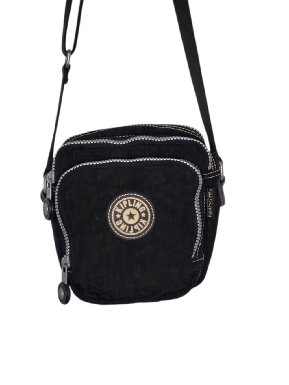 Kipling Keefe Crossbody Bag - Black Crinkle Nylon Triple Compartment